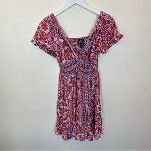Angie Dress Womens Large Boho Floral Ruffle Flowy Pink Cut Out Stretch Rayon